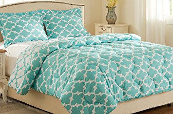 Millihome Back to school Lightweight Printed Luxurious Soft Brushed Microfiber Down Alternative Reversible 3-piece Comforter Set with 2 Reversible Pillow Shams, Teal, King