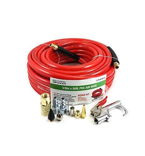 Dynamic Power Rubber/PVC Air Hose 3/8 x 25'/50' (9.5mmI.D X 15M) Bonus Kit with 5 Different Tips, One 1/4 I/M Coupler and Two 1/4 Plugs (RED) (Rubber Air Hose 3/8 x 50')