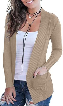 VOIANLIMO Women's Open Front Casual Long Sleeve Knit Classic Sweaters Cardigan with Pockets