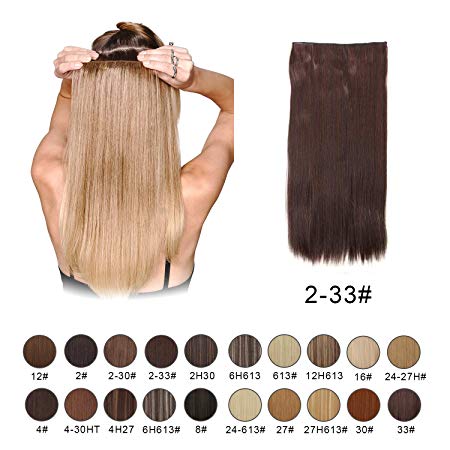 BARSDAR 23.6" Straight 3/4 Full Head One Piece 5 clips in on Synthetic Hair Extensions Hair pieces for Women - 2/33# Darkest Brown mix Dark Auburn Evenly