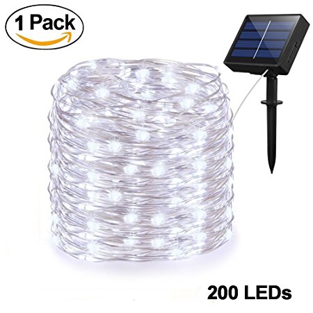 Adecorty Solar String Lights, Solar Fairy Lights 66ft 200 LED 8 Modes Silver Wire Lights Outdoor String Lights Waterproof Solar Decorative Lights for Patio Garden Yard Wedding Christmas (Cool White)