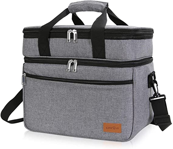 Lifewit Insulated Soft Cooler Bag Large Box Double Decker with Hard Liner, Large Picnic Lunch Bag Cooling Bag for Camping/BBQ/Family Outdoor Activities, Grey