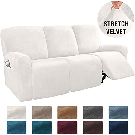 H.VERSAILTEX 8-Pieces Recliner Sofa Covers Velvet Stretch Reclining Couch Covers for 3 Cushion Sofa Slipcovers Furniture Covers Form Fit Customized Style Thick Soft Washable(Large, Ivory)