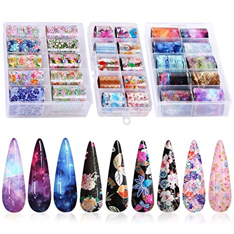 30 Color Nail Foil Transfer Sticker, Kissbuty Holographic Flower Nail Art Stickers Tips Wraps Foil Transfer Adhesive Glitters Acrylic DIY Nail Decoration, 3 Boxes (Various Flowers Starry Sky)