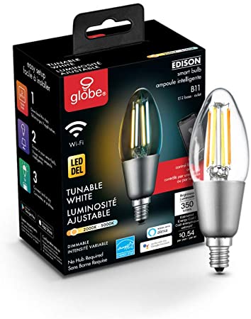 Globe Electric Wi-Fi Smart 4.5W Straight Filament Tunable LED Light Bulb, No Hub Required, Voice Activated, Energy Star, 2000K - 5000K, Vintage Edison Style, B11 Shape, E12 Candelabra Base 34918