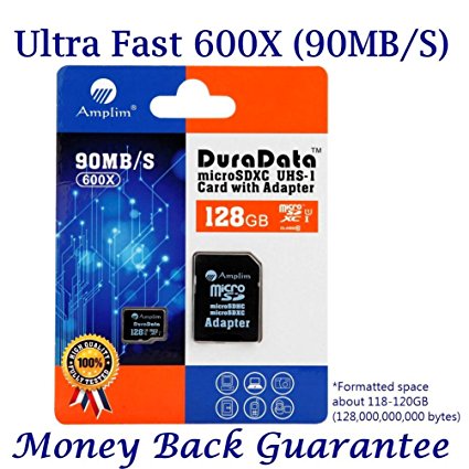 128GB MicroSDXC Card Plus Adapter (Class 10 UHS-I Micro SD Extreme Pro Memory) 128 GB Ultra High Speed 90MB/s 600X UHS-1 Microsd SDXC Pack. Amplim Cell Phone Tablet 128G Performance TF Flash