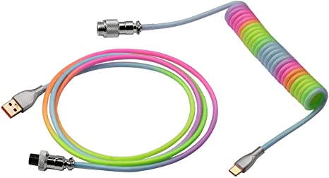 EPOMAKER Mix 1.8m Coiled Type-C to USB A TPU Mechanical Keyboard Space Cable with Detachable Aviator Connector for Gaming Keyboard and Cellphone(Rainbow)