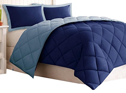 Comfort Classics Larksppur Reversible Down Alternative 3M Scotchard Comforter Mini Set, Full/Queen, Navy/ Light Blue