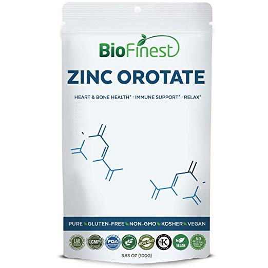 Biofinest Zinc Orotate Powder - 30mg/50mg/100mg - Pure Gluten-Free Non-GMO Kosher Vegan Friendly - Antioxidant Zinc Supplement for Digestion, Healthy Heart, Immune Support (100g)