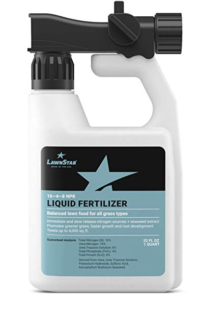 LawnStar 16-4-8 NPK Fertilizer (32 OZ) - Makes Grass Grow Greener & Faster - Liquid Lawn Food with Slow & Fast Release Nitrogen - Ideal Spring & Summer Spray for All Grass Types - American Made