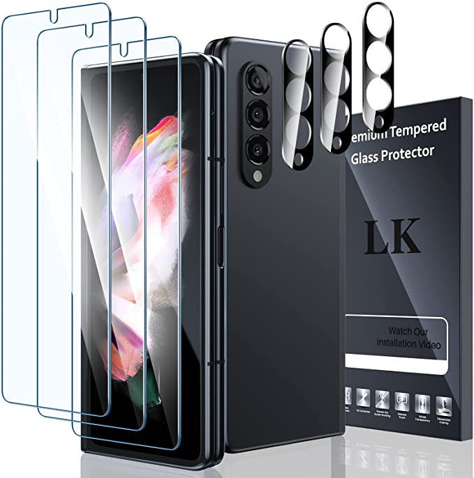 [3 3 Pack] LK 3 Pack Samsung Galaxy Z Fold 3 5G Front Screen Protector with 3 Pack Camera Lens Protector, Anti-Scratch, HD-Ultra, Easy Installation 9H Hardness Tempered Glass for Galaxy Z Fold 3