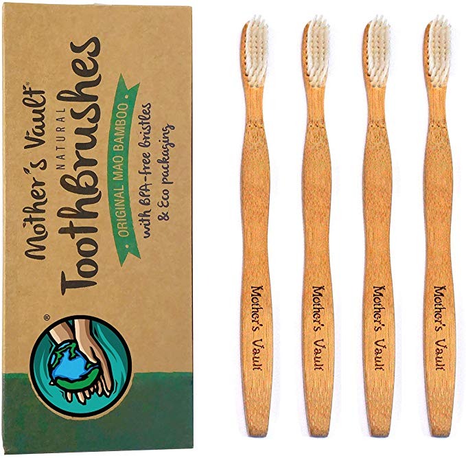 Mother’s Vault Biodegradable, Eco-Friendly Bamboo Toothbrush w/BPA-Free Soft Nylon Bristles – Natural Dental Care for Men & Women (4 Toothbrushes)