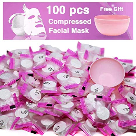 100 pcs Compressed Facial Mask Sheet Beauty DIY Disposable Mask Paper Natural Cotton Skin Care Wrapped Masks Normal Thick，Get a Small Mask Bowl Free