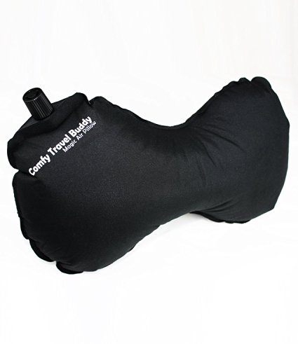 Comfy Travel Buddy Travel Air Pillow for Car, Airplane, Bus, Train, Home Use and Office Use, Black - Best Neck and Lumbar Support - Includes a Pack Sack and a Free Premium Quality Eye Mask Kit Plus 2 Sets of Ear Plugs.
