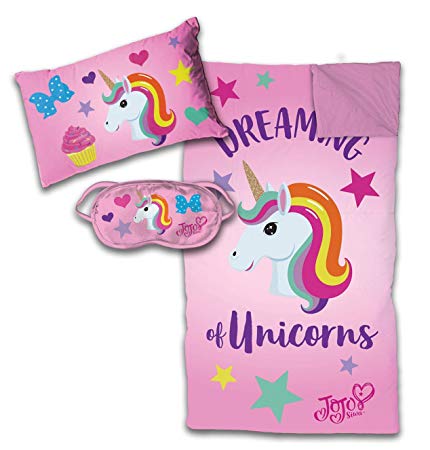 Jay Franco Nickelodeon JoJo Siwa 3 Piece Sleepover Set - Cozy & Warm Kids Slumber Bag with Pillow & Eye Mask - Featuring JoJo Siwa Unicorn (Official Nickelodeon Product)