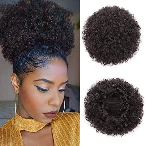 ForQueens Synthetic Curly Hair Ponytail African American Short Afro Kinky Curly Wrap Drawstring Puff Ponytail Hair Extensions Wig with 2 Clips(2#)