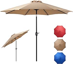 Patio Umbrella, 9 FT Outdoor Umbrellas Waterproof for Pool Table Deck Porch Yard Garden, Market Umbrella with 8 Sturdy Ribs, Push Button Tilt and Crank