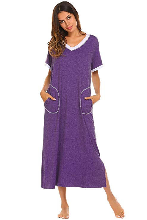 Skylin Short Sleeve Nightgown with Pockets Womens Sleep Shirts Dress Soft Pajamas S-XXL