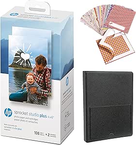 HP Sprocket Studio Plus 4x6 WiFi Printer Print from Your iOS & Android Device - Starter Bundle: Includes 108 Sheets and 2 Cartridges, Sticker Frames, Photo Album