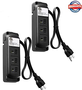 3-Outlet Power Strip with Safety Cover - (2 Pack),3-Prong 1625W Grounded Wall Outlet with Extension Cord and AC Flat Plug Adapter, ETL Listed - Black