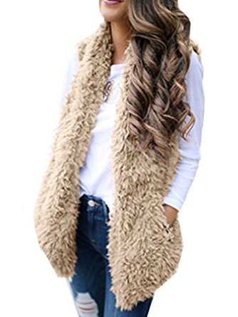 Pxmoda Women's Fashion Warm Faux Fur Sherpa Vest Sleeveless Fuzzy Wool Cardigan with Pockets