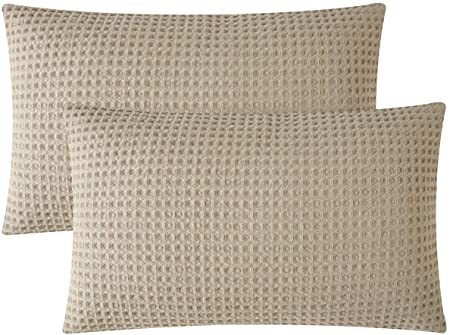 PHF Throw Pillow Cover Pack of 2 Cotton Waffle Weave Rectangle Home Decorations for Couch Sofa Bed 12" x 20" Khaki