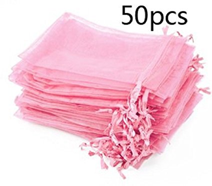 Pack of 50 Pink color Organza Drawstring Gift Bag Pouch Wrap for Party/Game/Wedding (7x5") (Pink) by Aketek