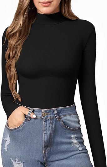 MANGOPOP Women's Mock Turtle Neck Slim Fit Long Half Short Sleeve T Shirt Tight Tops Tee