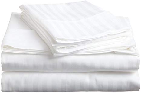 Way Fair Sheet Set Queen Size White Stripe 100% Cotton 600 Thread-Count (15" Deep Pocket Drop) by