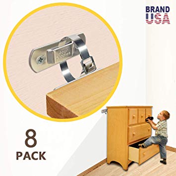 Metal Furniture Straps (8 Sets) Dresser Wall Anchors, Furniture Anchors for Baby Proofing Child Safety, Anti Tip Furniture Kit Wall Mount Earthquake Resistant Straps for Bookcase, Drawer, Cabinet