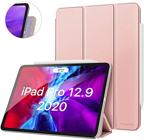 MoKo Smart Folio Case Fit iPad Pro 12.9 4th Generation 2020 & 2018 - [Support Apple Pencil 2 Charging] Slim Lightweight Smart Shell Stand Cover, Strong Magnetic Adsorption, Auto Wake/Sleep - Rose Gold