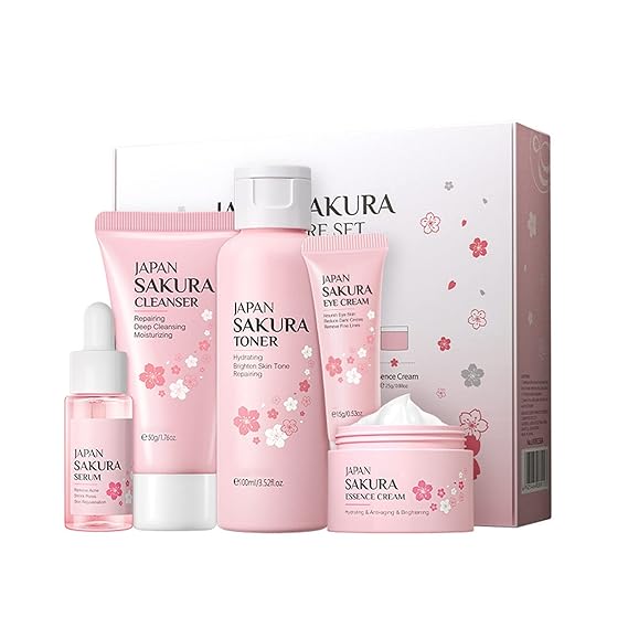 Skin Care Set - Women Gift Sets - Sakura Skin Care Sets & Kits - Gift Set with Cleanser,Toner,Serum,Eye Cream,essence Serum - Beauty Products For Women (5PCS)