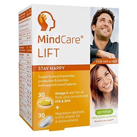 MindCare LIFT Stay Happy – Omega-3 Wild Fish Oil, Magnesium, 5-HTP & Multivitamins, mood support supplement, 60 capsules