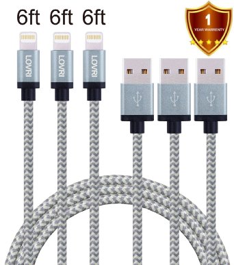 LOVRI 3Pack 6FT Power line iPhone Lightning Charging Cable Braided Nylon Cord to USB Charge and Sync Cable for iPhone 5/5s/5c 6/6s Plus, iPad mini/Air/Pro iPod touch(gray)