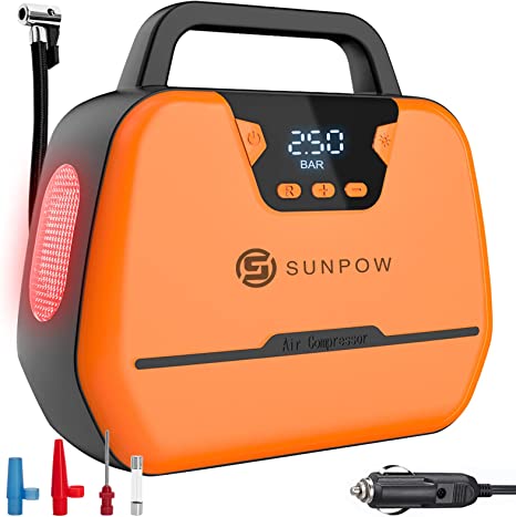 SUNPOW Tire Inflator Portable Air Compressor, 12V DC Air Pump for Car Tires (up to 50 PSI), Auto Tire Pump with Digital Pressure Gauge, Emergency LED Lights, Bicycle, Balloon, Other Inflatables