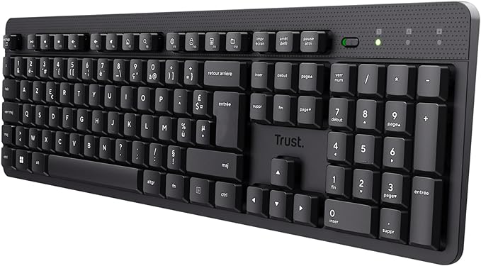 Trust ODY II Clavier sans Fil Silencieux AZERTY Français, Touches Plates Flottantes, Résistant aux Éclaboussures, Récepteur USB RF 2.4GHz, Clavier pour PC, Ordinateur Portable, Mac - Noir