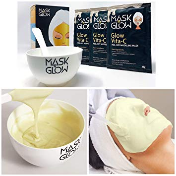 Premium Glow Vita-C Modeling Peel-Off Mask"Rubber Mask" (Pack of 3 With bowl & Spatula) for Brightening & Pore Tightening, One Time Use, 25g. Made In Korea
