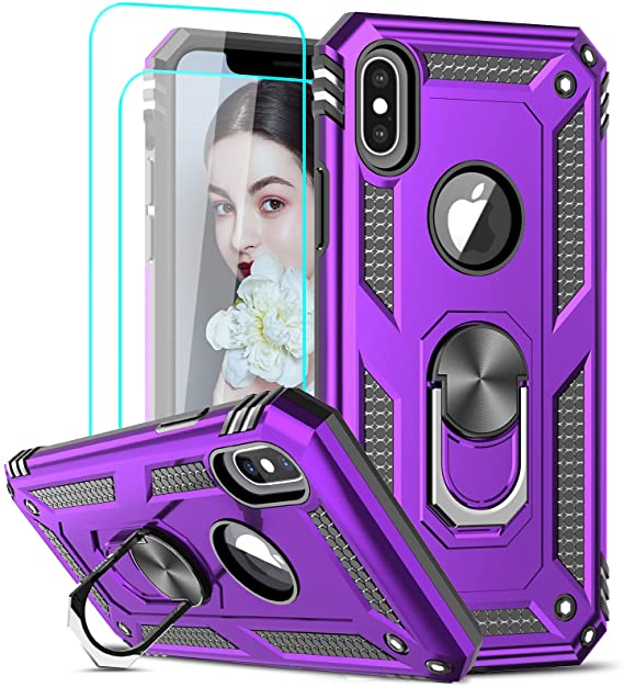 LeYi Compatible for iPhone X Case, iPhone Xs Case with Tempered Glass Screen Protector [2Pack] for Women Men, [Military-Grade] Phone Case with Ring Kickstand for Apple iPhone X/Xs/ 10, Purple