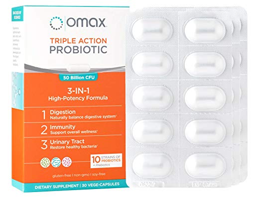 Omax® Triple Action Probiotic Prebiotic Supplement ✱50 Billion CFU✱ Blister Packed,10 Strains   Acidophillus, Lactobacillus Reuteri, Bifobacterium, Digestion, Immunity, Women's Health, 30 Capsules