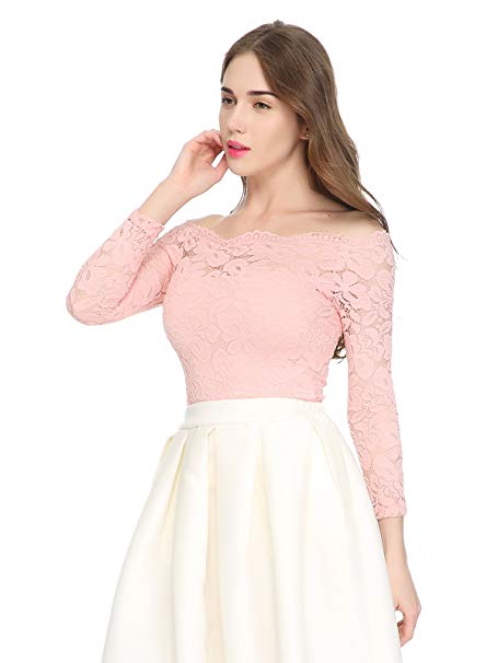 Maggie Tang Women's Off Shoulder Long Sleeves Floral Lace Twin Set Top