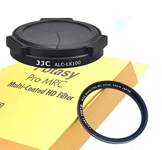 JJC ALC-LX100 Black Auto Self-Retaining Lens Cap & 43mm MRC HD Nano Filter for Panasonic LUMIX DMC-LX100, DMC-LX100 II and Leica D-LUX (Typ 109)