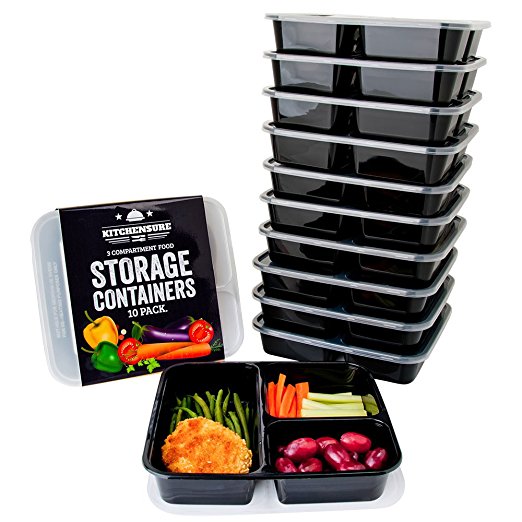 3 Compartment Meal Prep Containers 10 Pack with Lids From Kitchensure