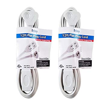 Uninex (2 Pack) 2 Prong Flat Angle Plug 16/2 Extension Cord Locking/Rotating Safety Cover 3-Outlet Tap 12-Foot White UL Listed