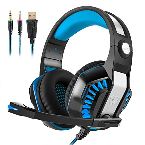 Hotyet Newest 3.5mm PS4 Xbox One Gaming Headset Over Ear Stereo Headphones With Microphone Noise Isolating Volume Control LED Light for Laptop Tablet Mobile Phone（Black Blue)