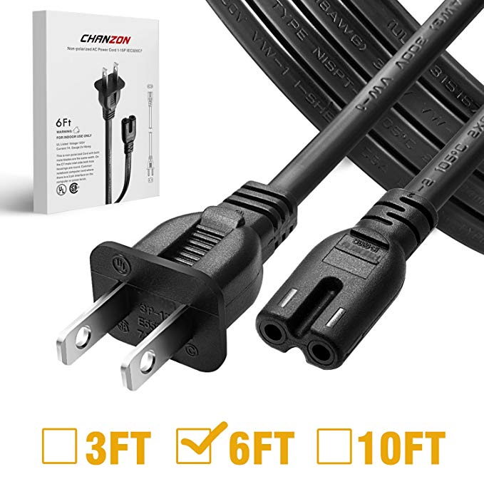 [UL Listed] Chanzon 2-Prong 6 ft AC Power Cord 2 Round Non Polarized Cable Universal Replacement 7A for Lexmark,Sony Playstatsion PS4 4-3-2,Led LCD 1080P TV Samsung Sharp LG Apple TCL Printer