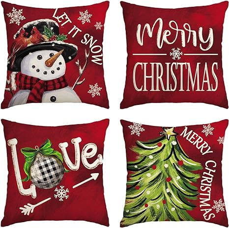 AVOIN colorlife Merry Christmas Let It Snow Love Snowman Red Throw Pillow Covers, 18 x 18 Inch Xmas Tree Holiday Cushion Case Decoration for Sofa Couch Set of 4