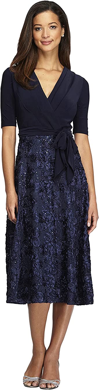 Alex Evenings Women's Tea Length Dress with Rosette Detail (Petite and Regular)