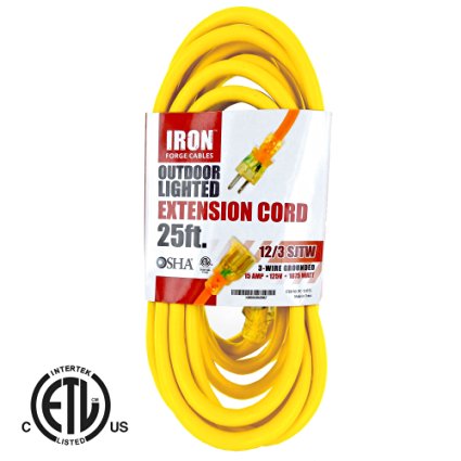 Iron Forge Cable Lighted Outdoor Extension Cord 25 Feet with 3 Prong Grounded Plug, Yellow
