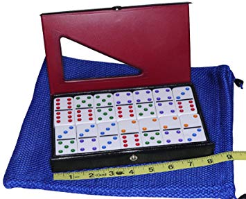 Dominoes Jumbo / Tournament WHITE with Color Pips _ Double Six Set of 28 Dominoes _ Bonus Blue Net Drawstring Storage Pouch _ Bundled Items