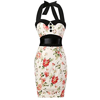 Pencil Skirt Halterneck Polka Dot Floral 50s Style Vintage Retro Dress